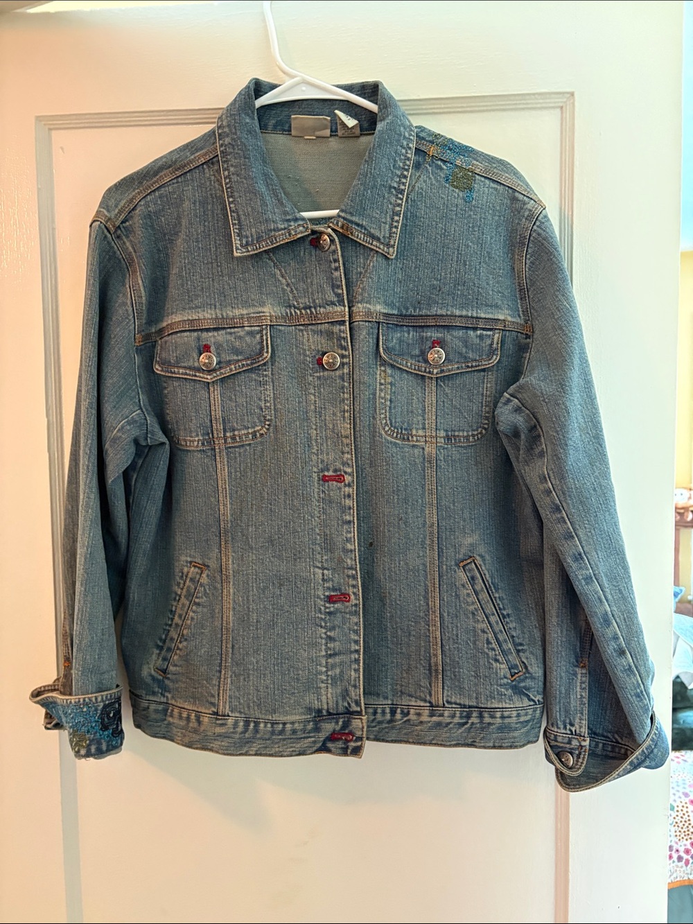Chico's Light Blue Denim Jean Jacket with Subtle Embroidery